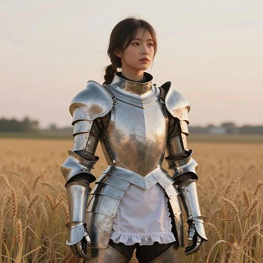 Woman in Medieval Armor and Modern Apron Standing in Wheat Field