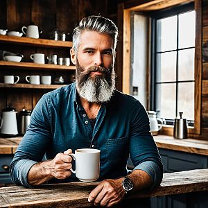 Mature Man Enjoying Coffee in Rustic Kitchen
