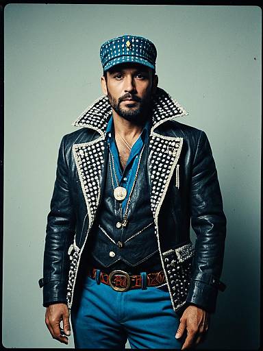 Man in Themed Studded Leather Jacket and Blue Cap Fashion Portrait