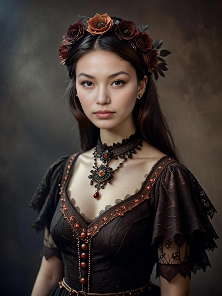 Elegant Woman in Dark Floral Gown with Flower Crown