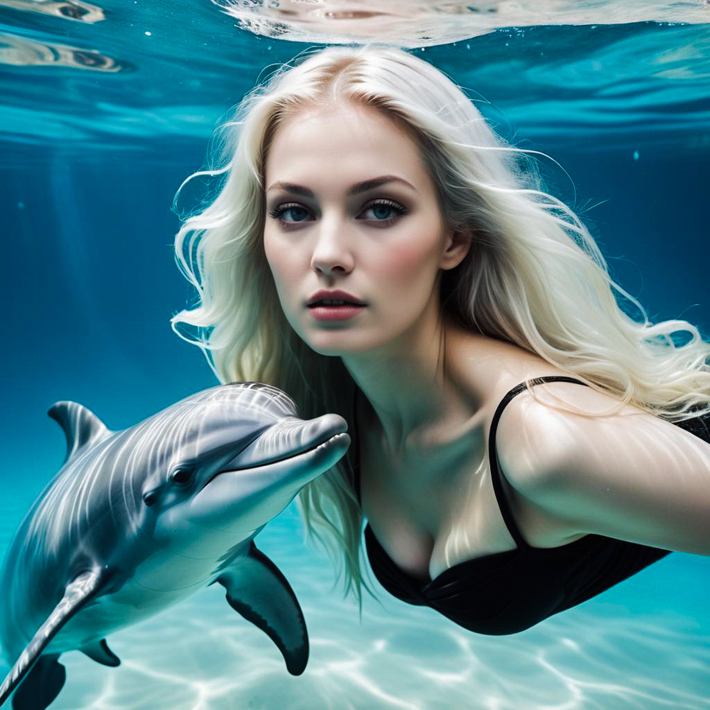Underwater Portrait of Woman and Dolphin