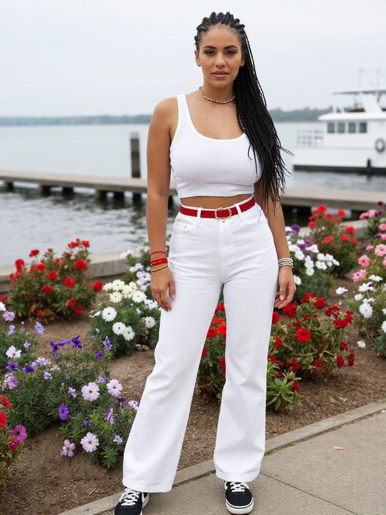 Slim Woman in Casual Street Style with White Cropped Tank Top and High-Waisted Pants