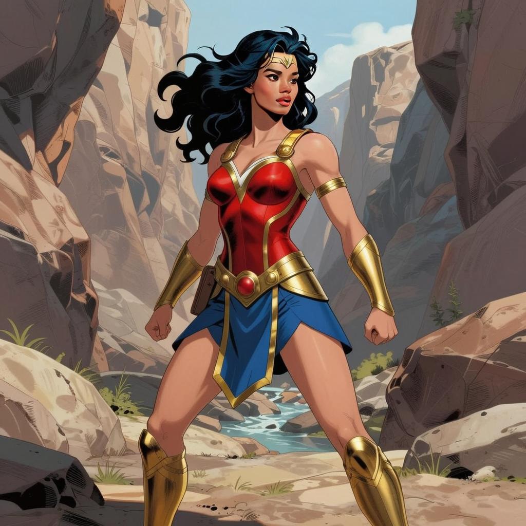 Strong Female Warrior in Classic Armor Standing in Rocky Canyon Digital Art