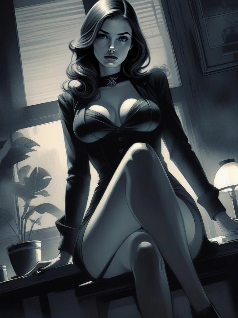 Confident Woman in Stylish Noir Aesthetic