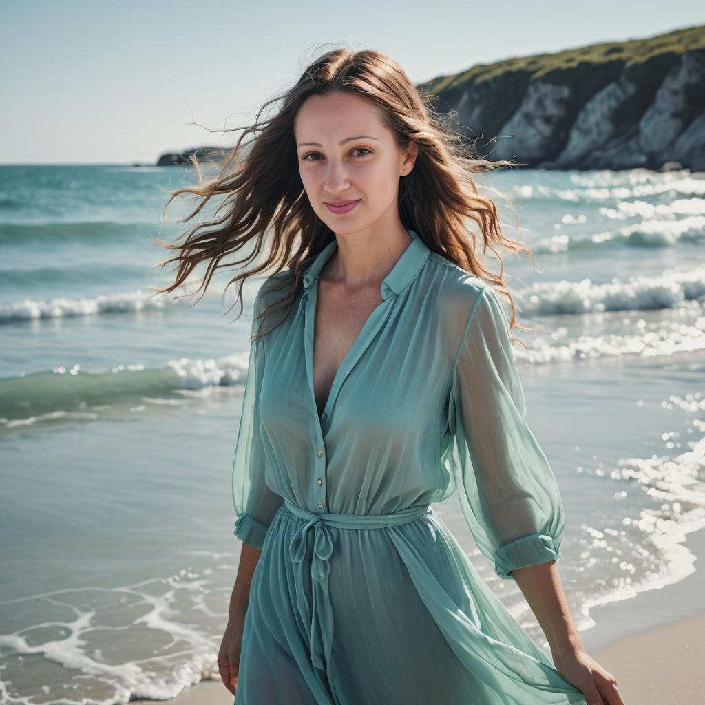 Serene woman in pastel dress on sunny beach