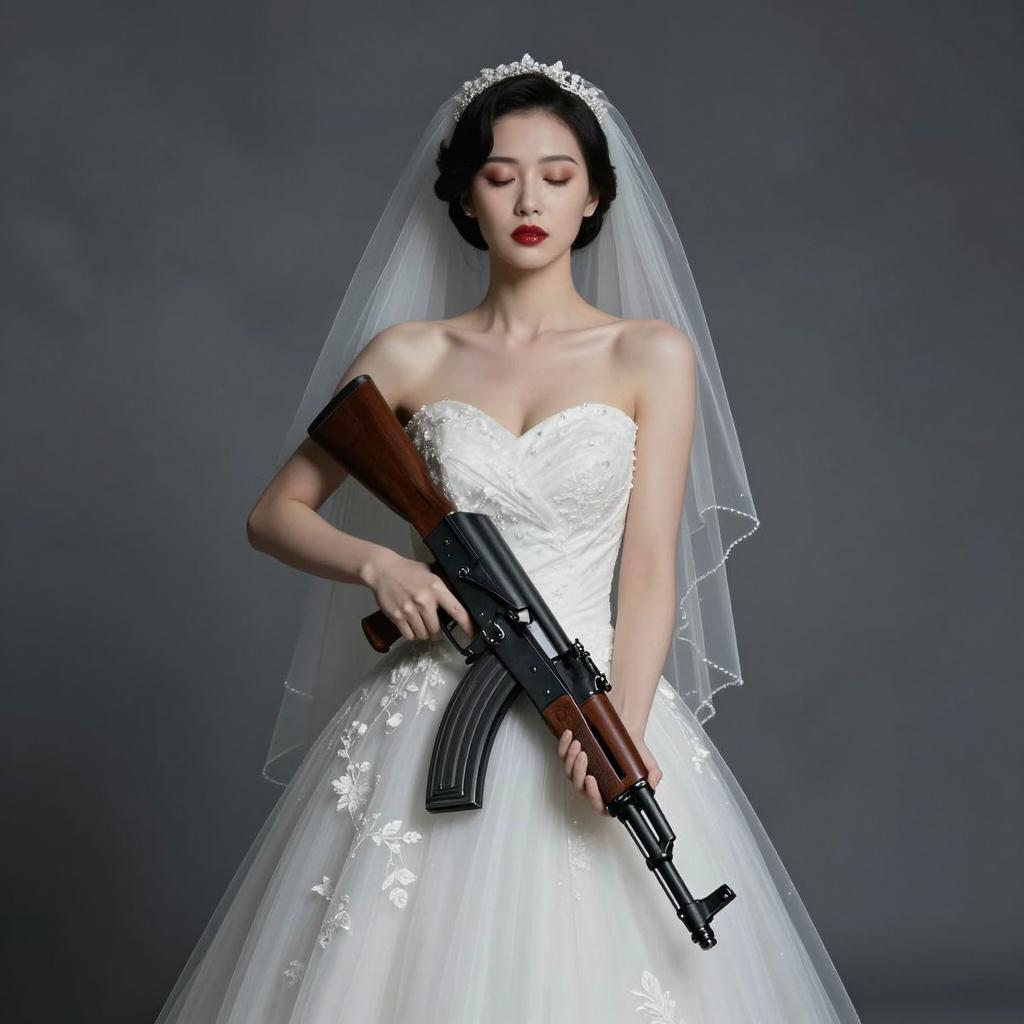 Bridal Woman Holding AK-47 Rifle in White Wedding Dress with Veil