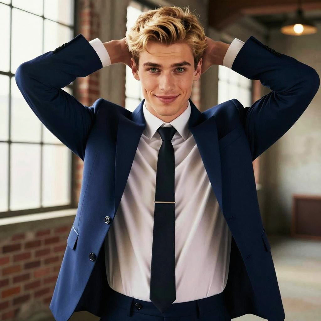 Confident Young Man in Navy Blue Suit Posing in Industrial Loft