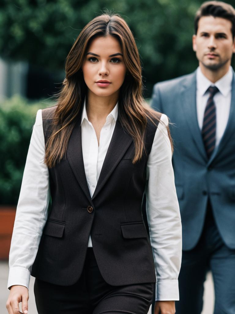 Business Casual Woman and Man Walking in Professional Attire