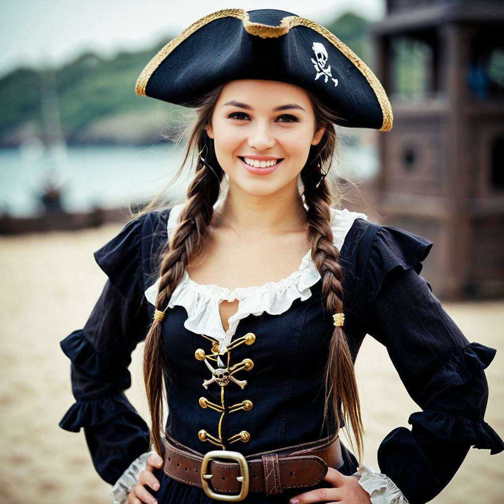 Young Woman in Pirate Costume by the Seaside Young Woman in Pirate Costume by the Seaside