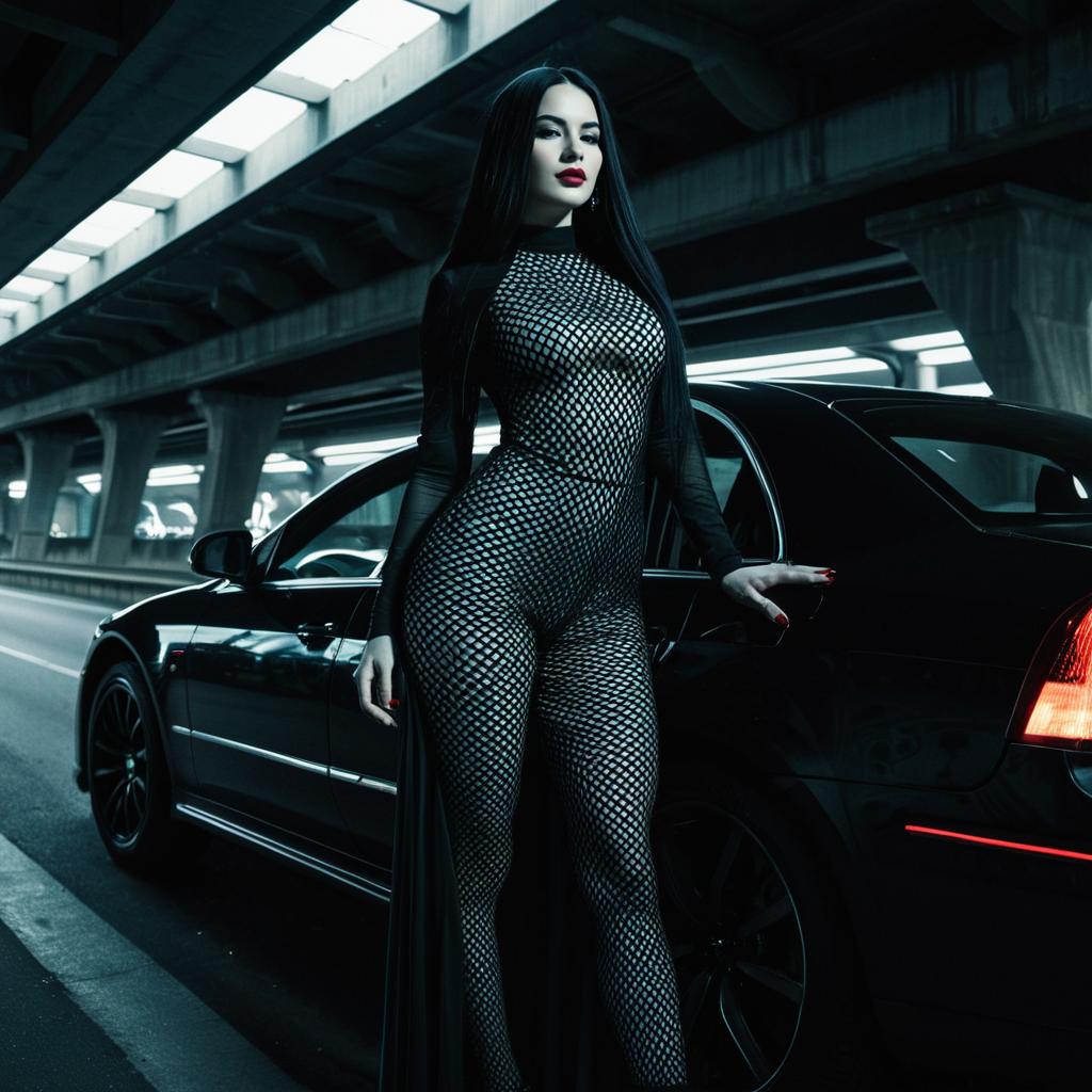 Confident Woman in Black Fishnet Bodysuit by Luxury Car in Urban Night Setting