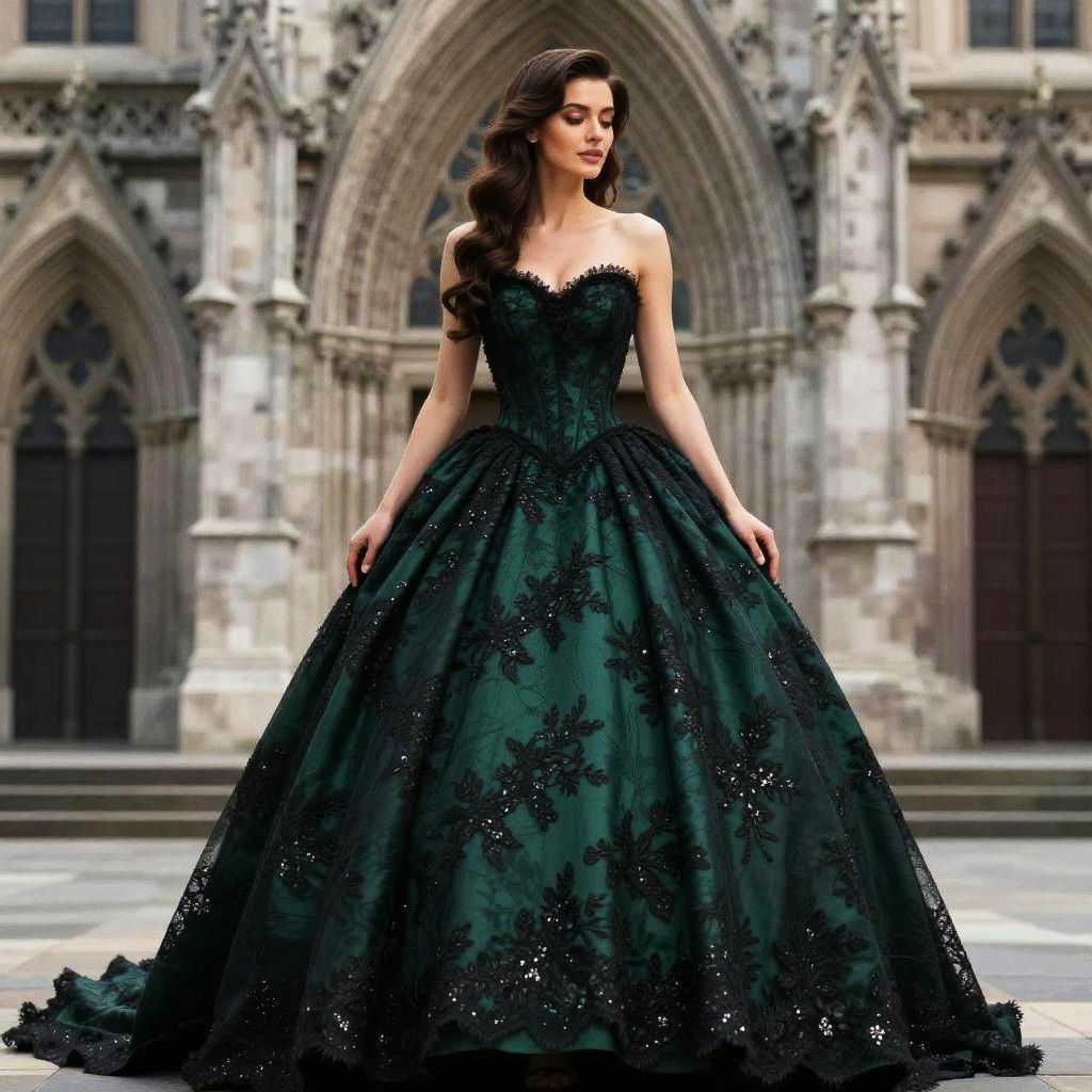 Elegant Dark Green Lace Ball Gown with Corset Bodice in Gothic Cathedral Setting