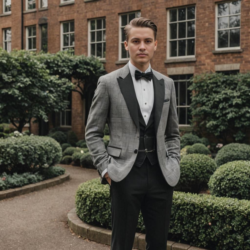 Man in Grey Suit with Bow Tie in Front of Brick Building