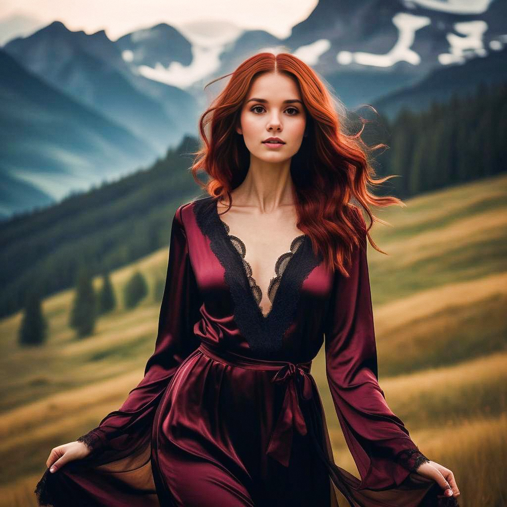 Woman in Burgundy Dress in Mountain Landscape Woman in Burgundy Dress in Mountain Landscape