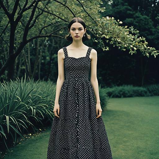 Young Woman in Polka Dot Dress in Lush Garden Setting
