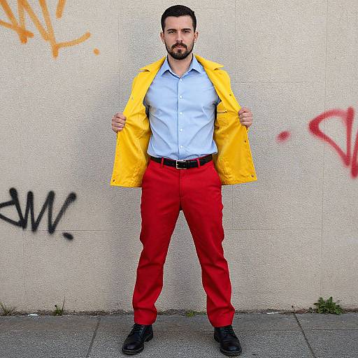 Confident Man Wearing Yellow Jacket and Red Pants Against Graffiti Wall