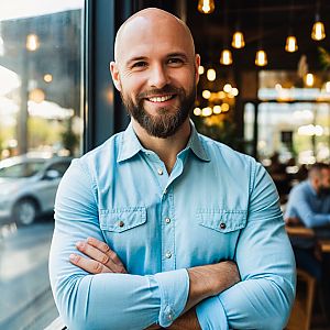 Confident Bald Man in Café