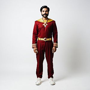 Confident Man in Maroon Superhero Costume