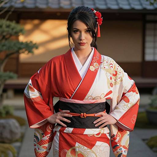 Woman Wearing Traditional Red and White Japanese Kimono in Garden