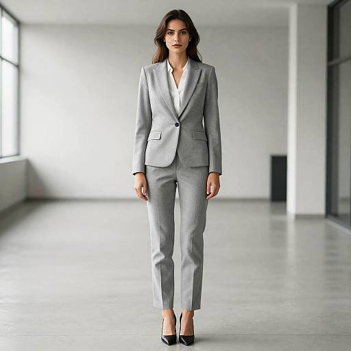 Trendy Woman in Gray Business Suit Standing in Modern Office