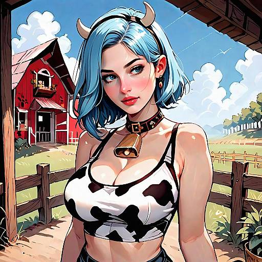 Anime Style Blue-Haired Woman in Cow Print Crop Top at Farm