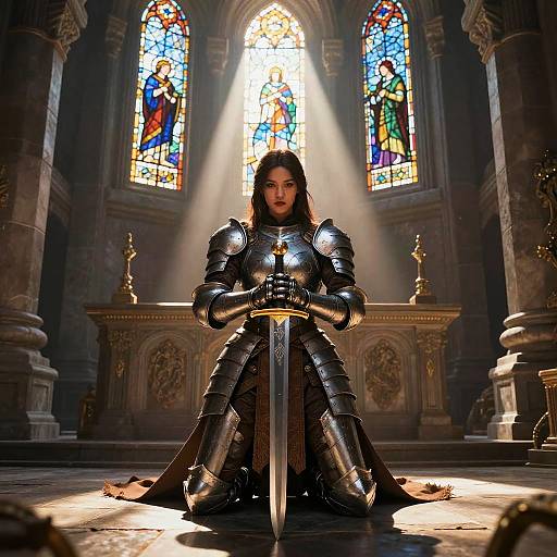 Woman Knight in Full Armor Kneeling with Sword in Gothic Cathedral