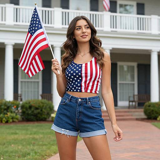 Young Woman Holding American Flag in Patriotic Outfit Outside House