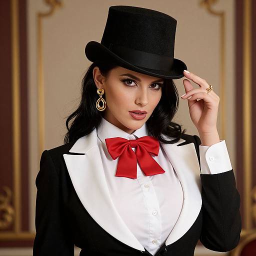 Elegant Woman in Black Tuxedo and Top Hat with Red Bow Tie