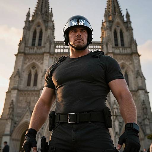 Tactical Man Standing Strong in Front of Gothic Cathedral