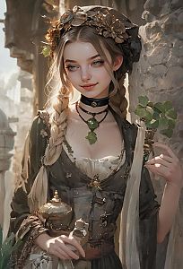 Fantasy Medieval Woman with Braided Hair and Floral Crown Holding Scroll