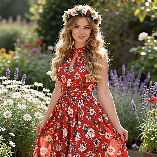 Young Woman in Red Floral Dress with Flower Crown in Blooming Garden