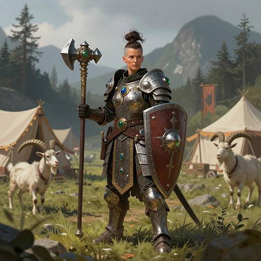 Woman Warrior in Medieval Armor with Battle Axe and Shield in Mountain Camp