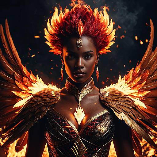 Fantasy Woman with Fiery Hair and Golden Wings in Epic Armor