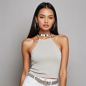 Stylish Young Woman in Ribbed Halter Top and White Jeans Fashion Portrait