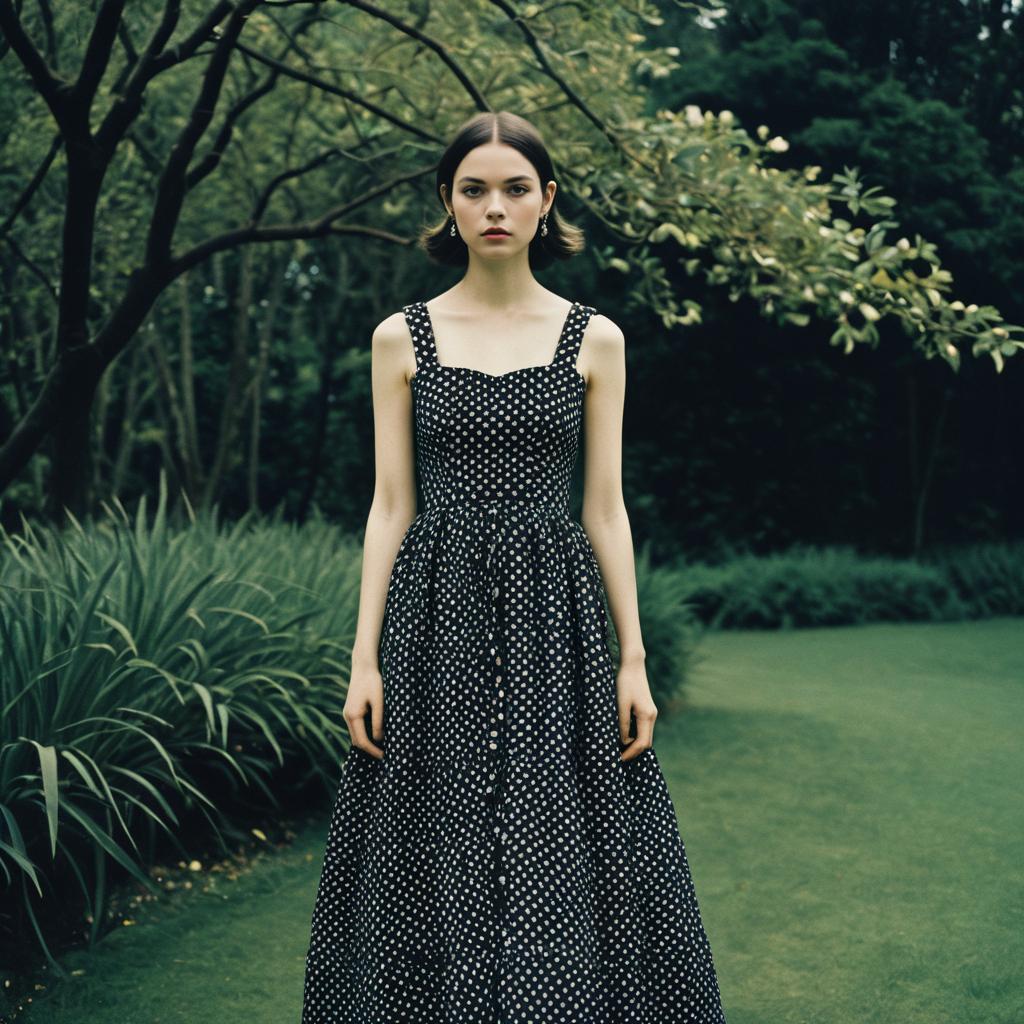 Young Woman in Polka Dot Dress in Lush Garden Setting