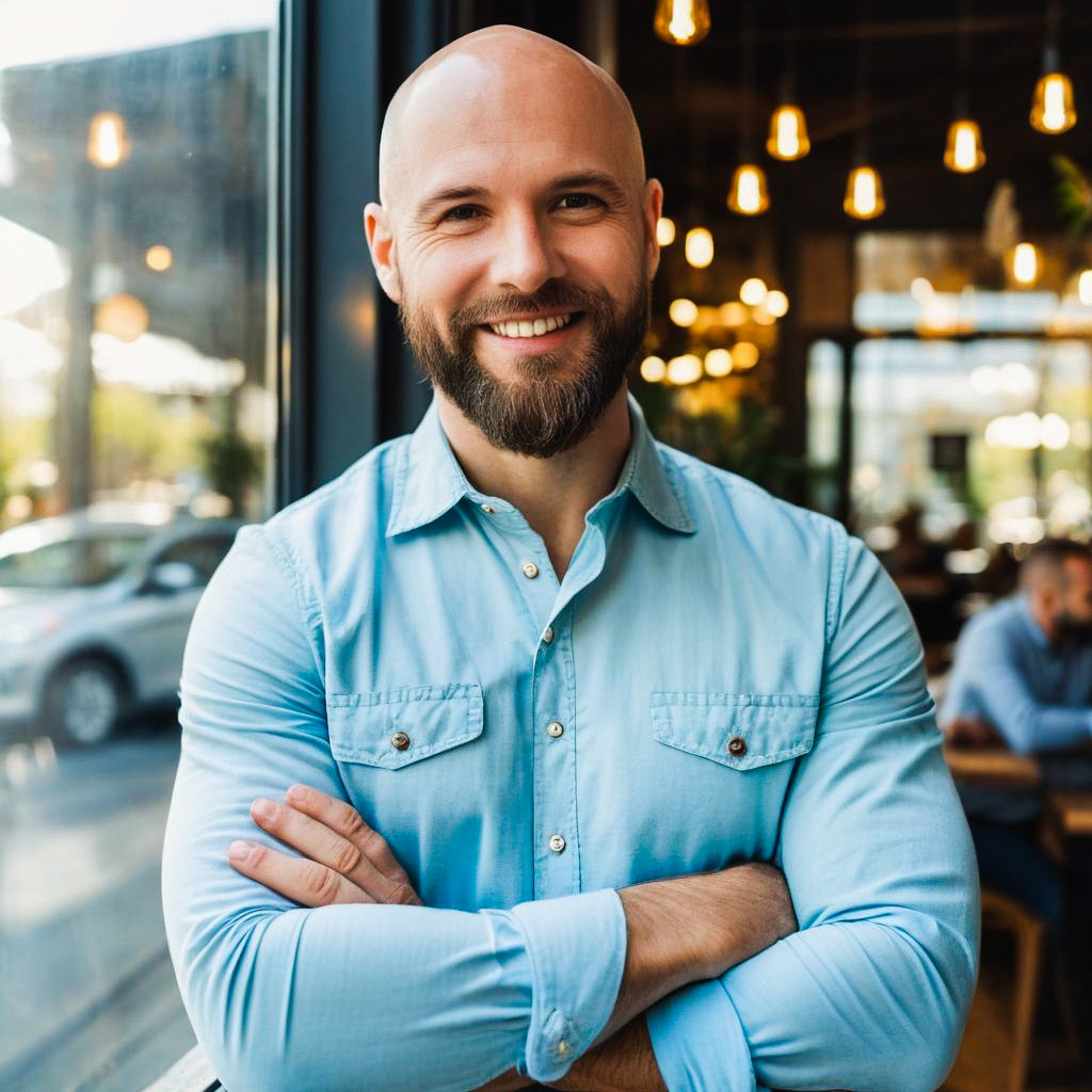 Confident Bald Man in Café