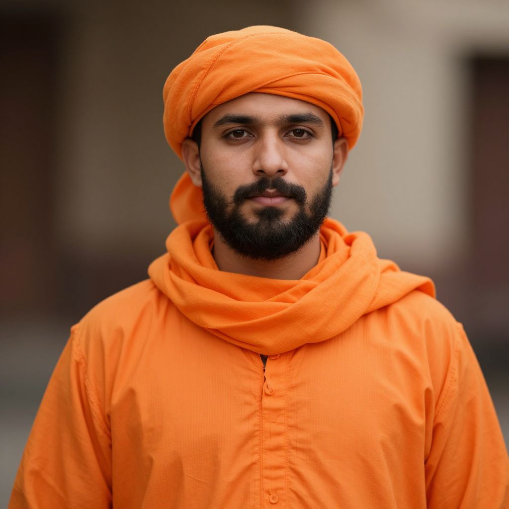 Portrait of Man in Traditional Orange Turban and Robe