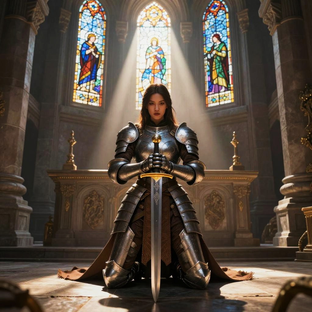 Woman Knight in Full Armor Kneeling with Sword in Gothic Cathedral