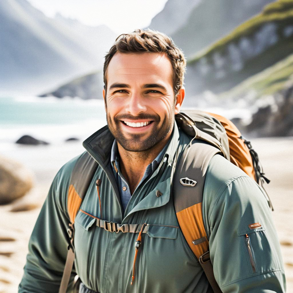 Cheerful man in stylish outdoor jacket against coastal backdrop