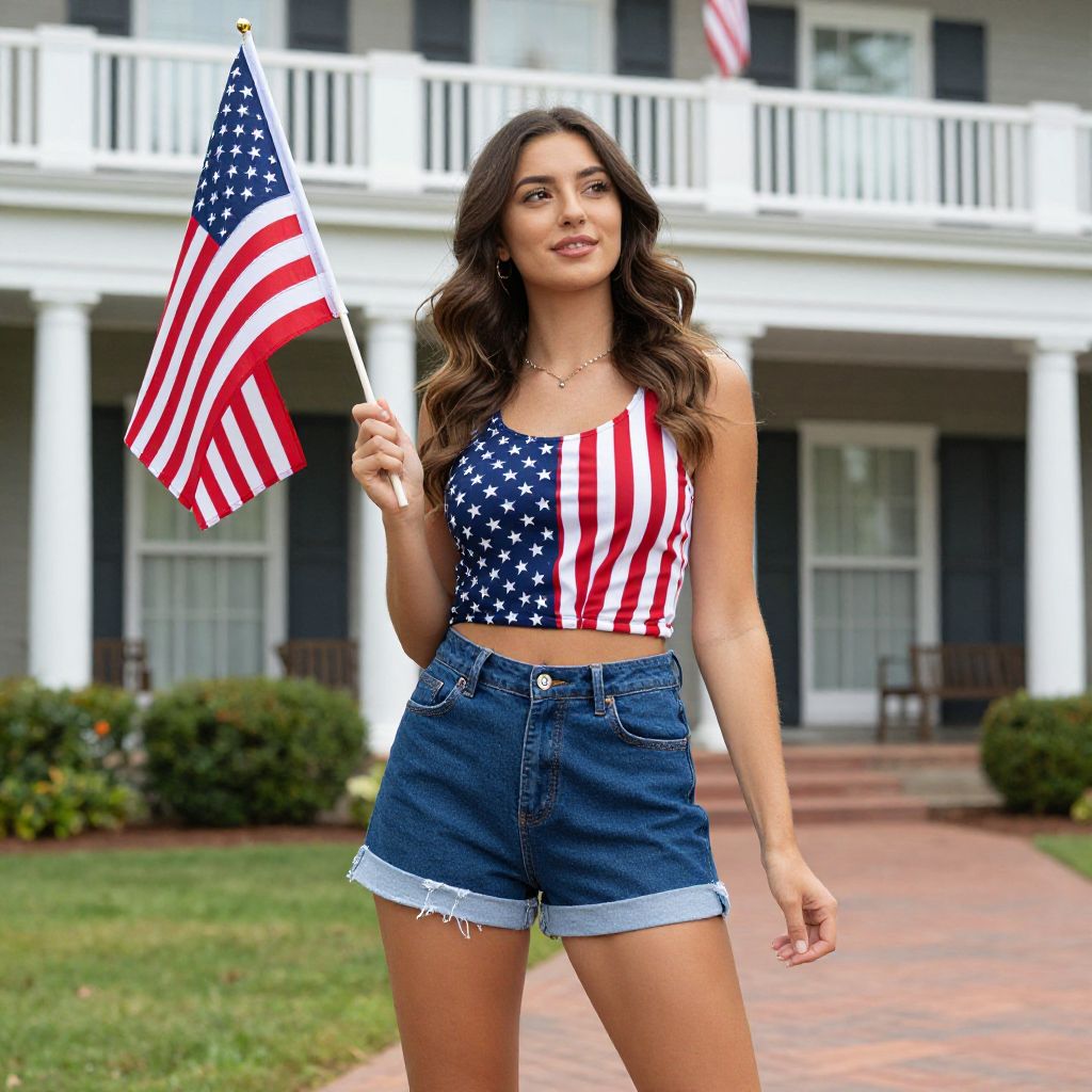 Young Woman Holding American Flag in Patriotic Outfit Outside House