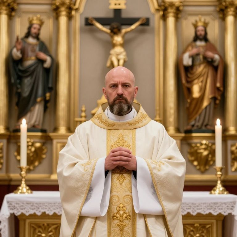 Solemn Priest in White and Gold Vestments Praying Inside Church Altar