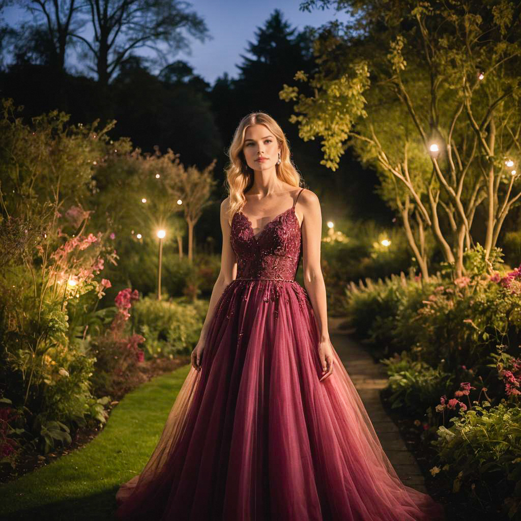 Elegant Woman in Burgundy Gown in Twilight Garden