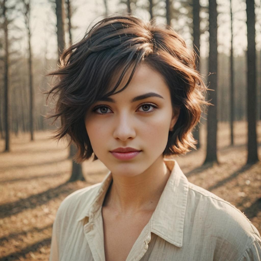 Woman with Trendy Wolf Cut in Natural Setting