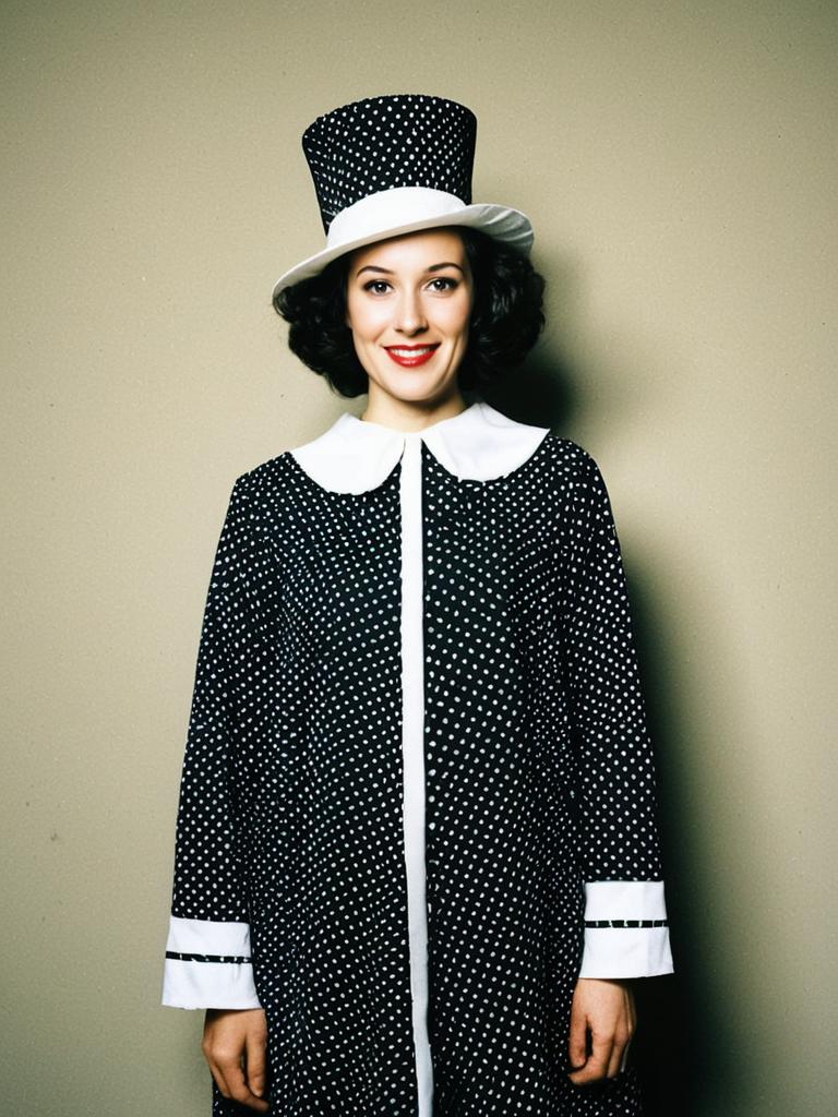 Vintage Polka Dot Fancy Dress Outfit with Top Hat on Woman
