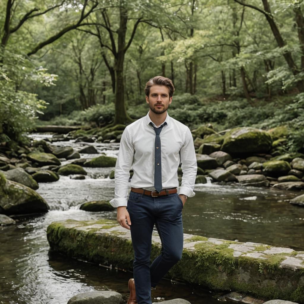 Confident Man on Stepping Stones in Serene Forest Stream