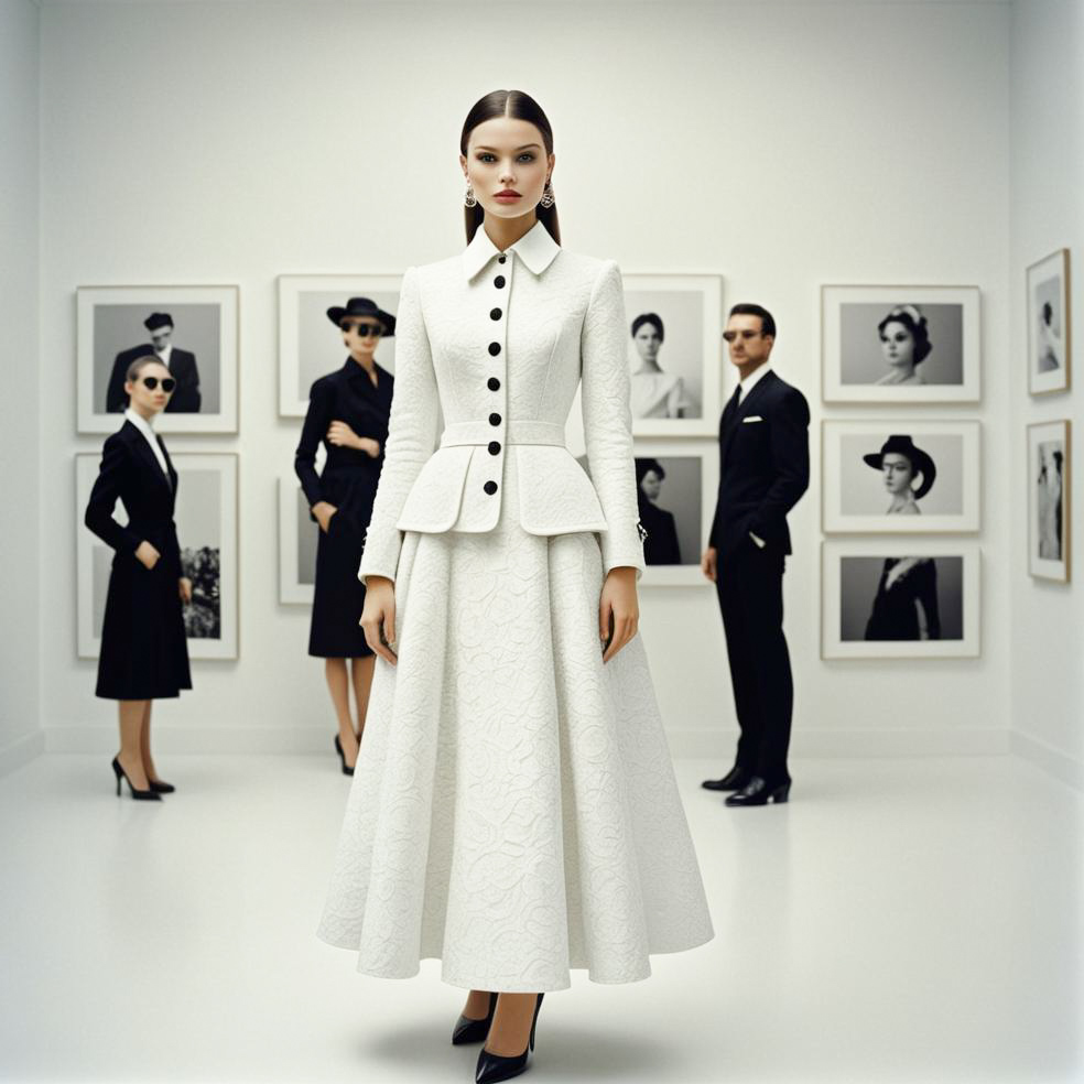 Elegant Woman in White Dress at Art Gallery