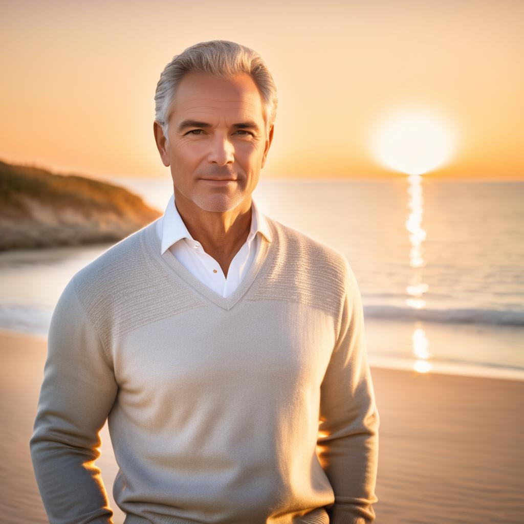 Stylish Older Man on Beach at Sunset