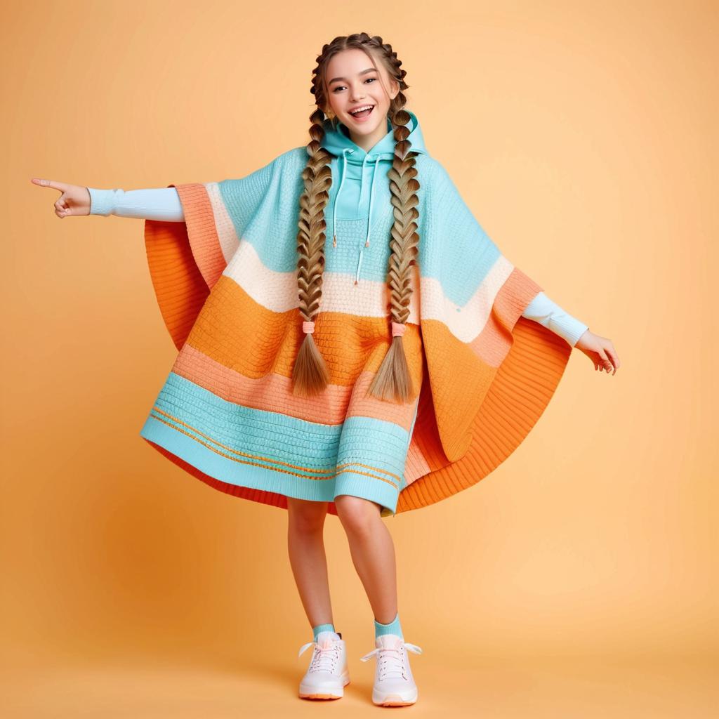 Cheerful girl in colorful poncho