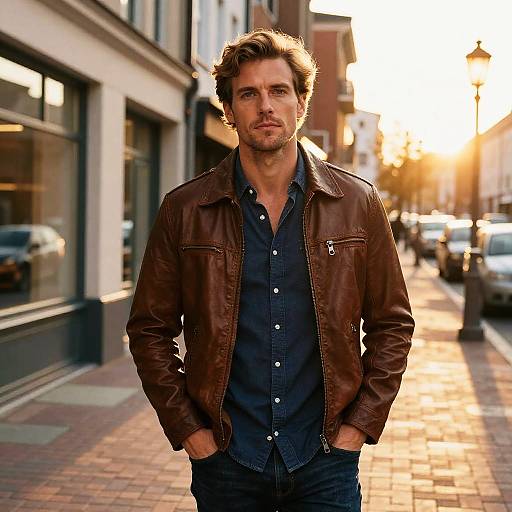 Young Man in Brown Leather Jacket Walking on Urban Street at Sunset