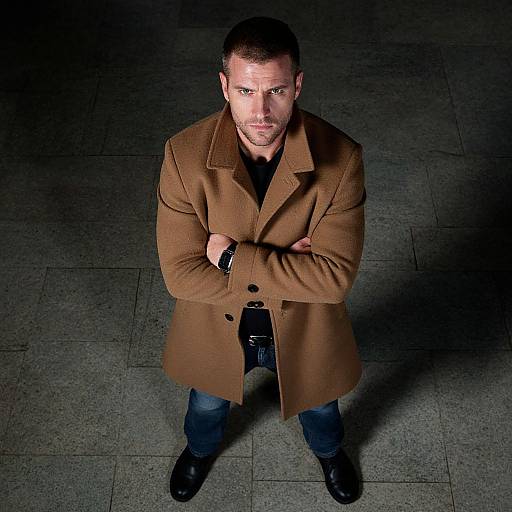 Confident Man in Camel Coat Standing with Arms Crossed
