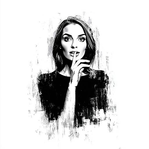 Abstract Black and White Digital Portrait of Woman with Finger on Lips